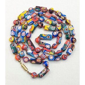 Vtg Colorful Italian Millefiore Glass Round Rectangle Bead Knotted Necklace 37"